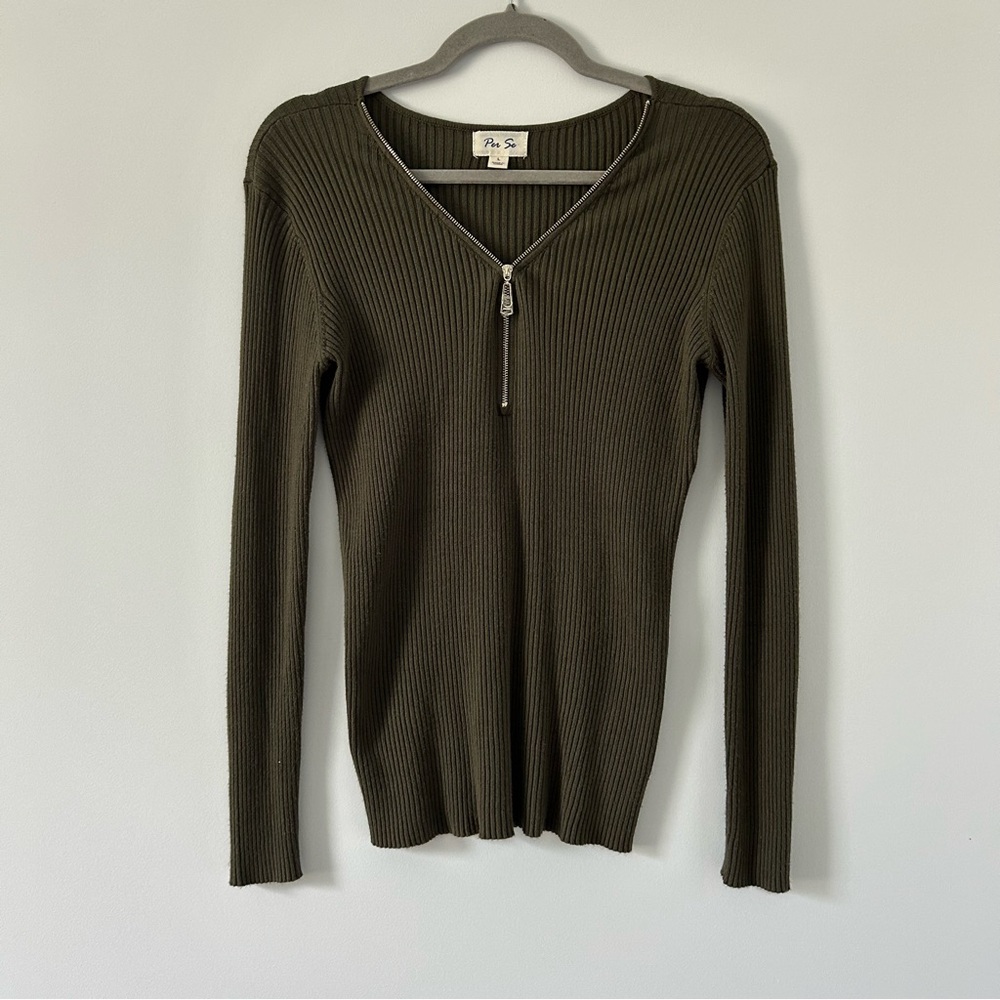 Per Se Olive Green Ribbed Knit Zip Front Fitted Long Sleeve Sweater NWOT L